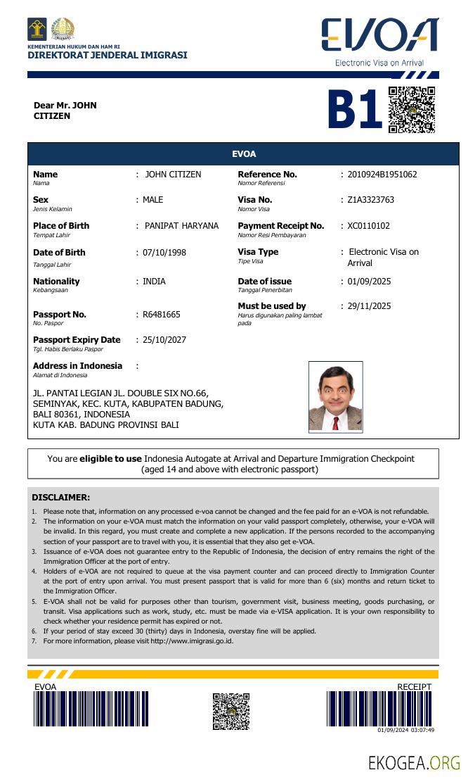 Modèle de visa électronique pour l'Indonésie aux formats Word et PDF, version 2